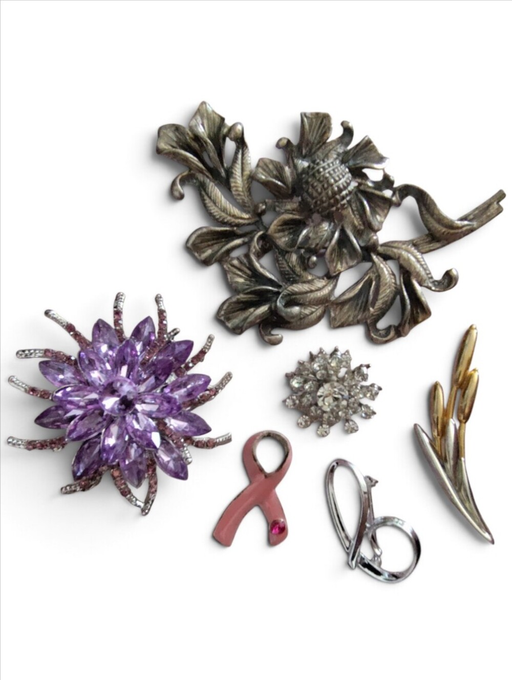 Vintage & Modern Brooch Pin Lot - 6 Piece Assortment (Silver, Gold, Rhinestone)